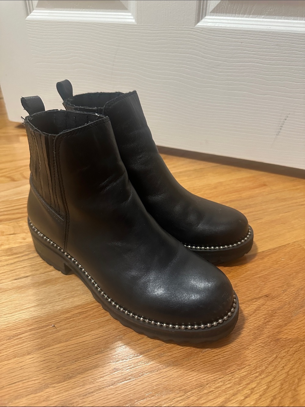 Steve Madden Black Leather Chelsea Booties with Studded Trim